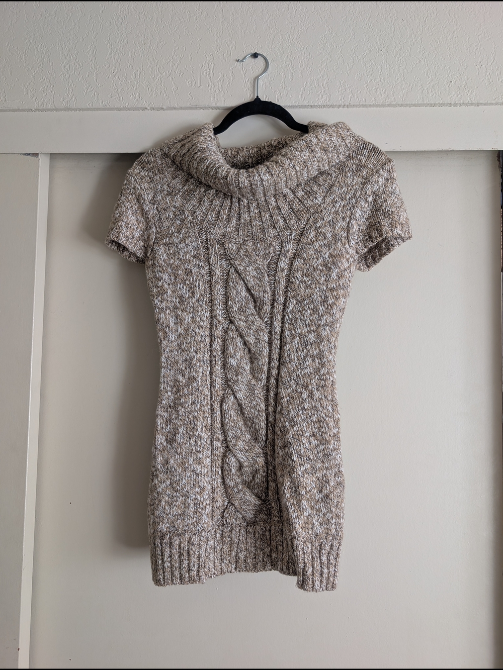 Short Cable-Knit Cowl Neck Sweater Mini Dress in Beige